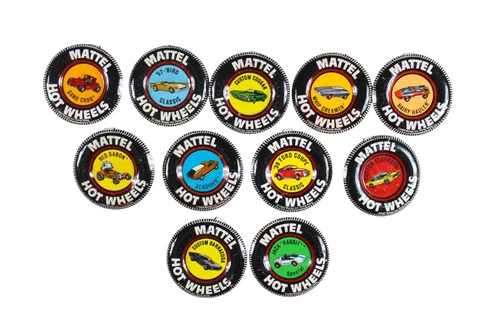 11 Vintage Late 1960's Mattel Hot Wheel Redlines Metal Tab Button Badges