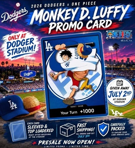 2026 Dodgers x One Piece Night Promo Card Monkey D Luffy SGA Presale Ships 7/3