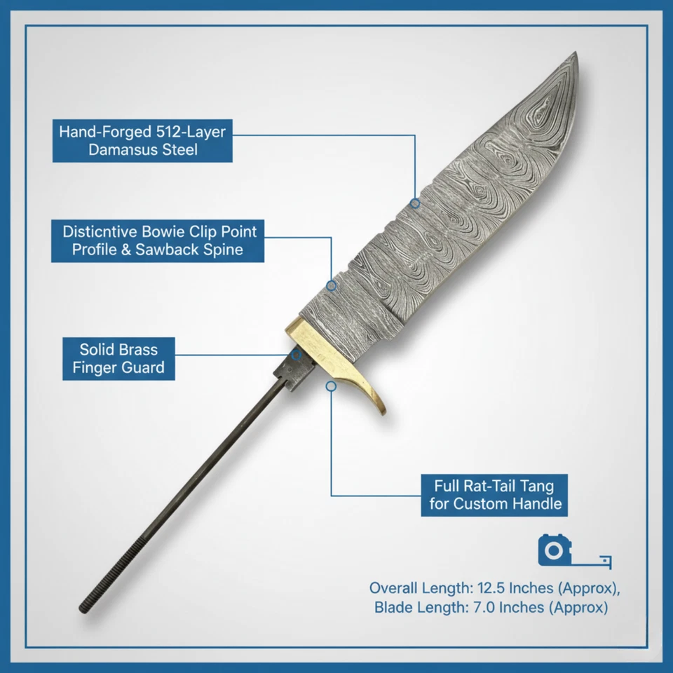 Hand Forged Damascus Bowie Blank Blade High Carbon Steel Hunting Knife Making - Image 2 of 4