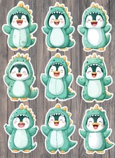 Penguin in Dino Costume Vinyl Stickers Set Scrapbooking Laptop Waterbottle