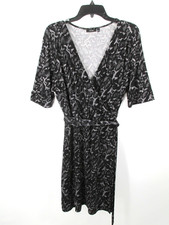 APT 9 Midi Faux Wrap Dress Women XL Black Gray Animal Print Career Comfy Belted