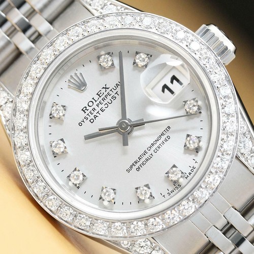 LADIES DIAMOND ROLEX DATEJUST 69174 SILVER FACTORY DIAMOND DIAL STEEL WATCH