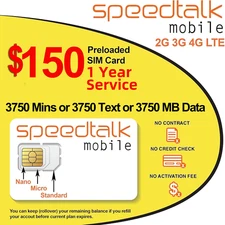 SpeedTalk GSM SIM Card Rollover 3750 Text OR Data 5G 4G LTE GPS Trackers 1 Year