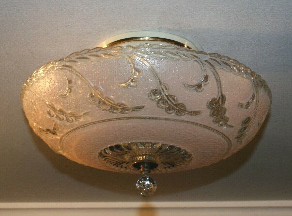 Antique 14 inch pink glass shade flush mount porcelain ceiling light fixture