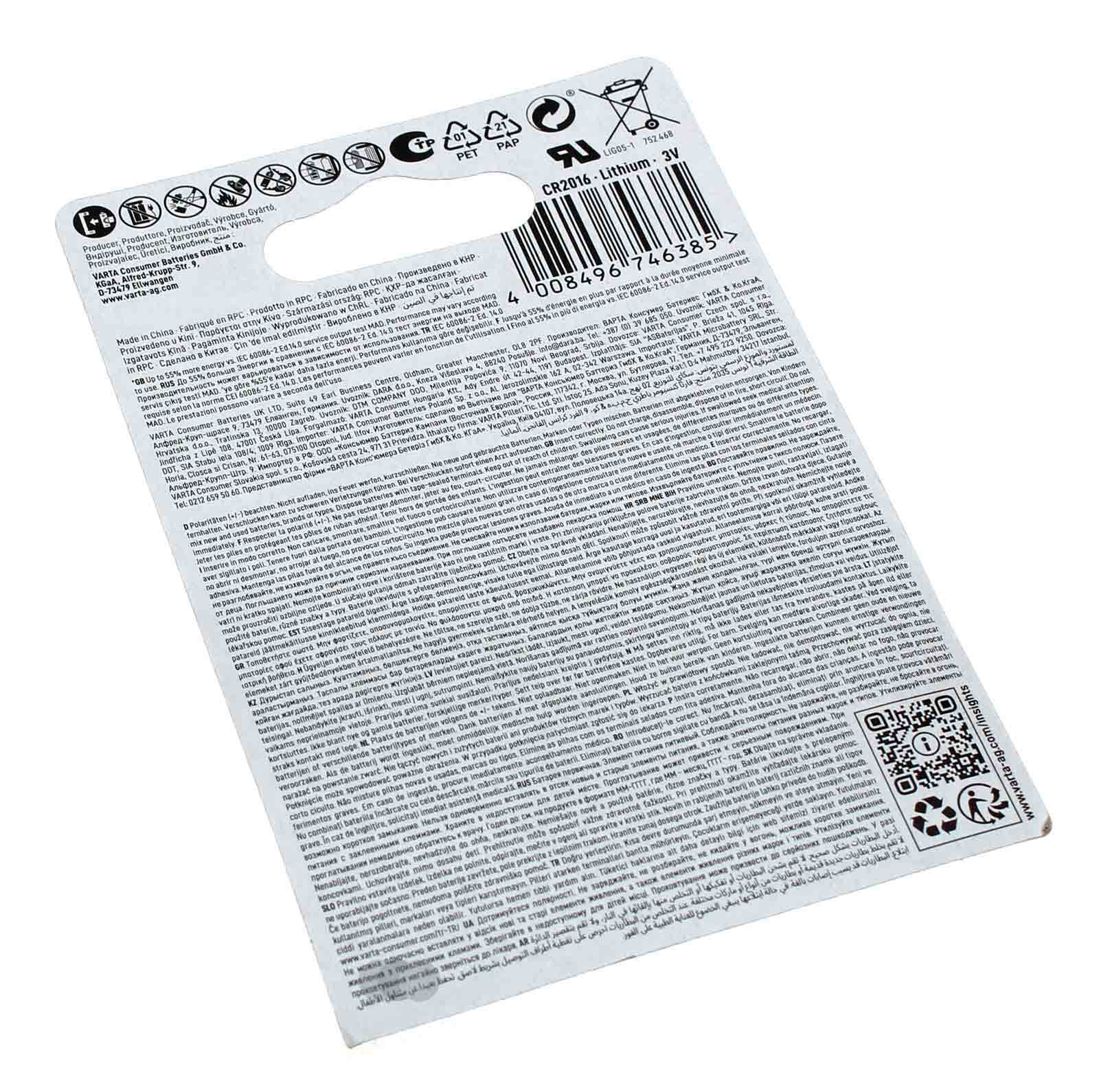 Thumbnail - 2 Stk. Varta Cr2016 Knopfzelle Lithium Batterie | 3v 90mah | 6016