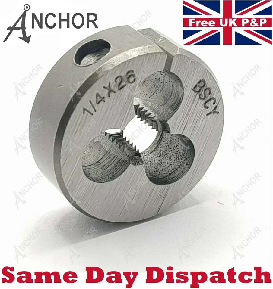 Anchor BSCY Die 1/4" x 26 TPI Round Split Die 1” OD British Cycle Thread 1/4