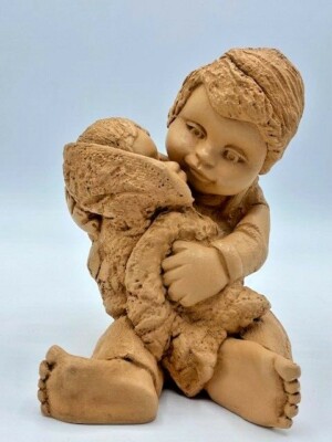 Vintage Abbey Press Figurine 1979 Boy holding Baby Sibling 5'' Barefoot/Overalls