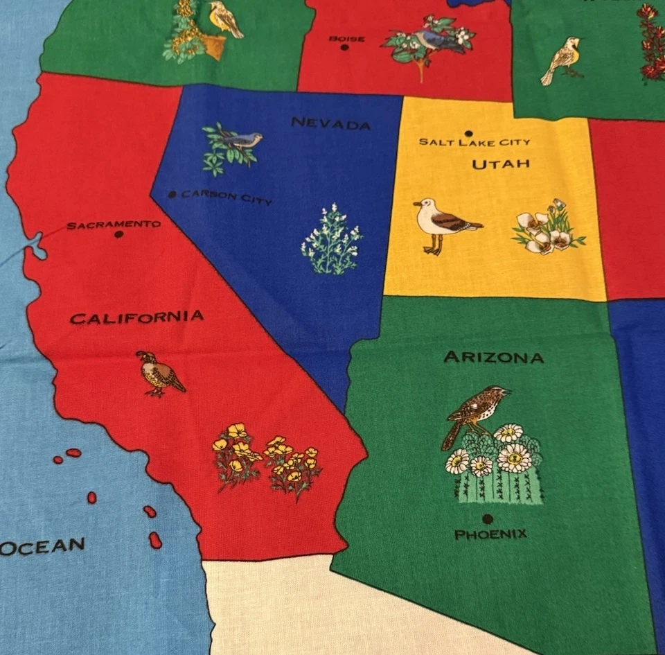 "Mapa de tradiciones de tela de Estados Unidos con panel estatal de aves y flores 35 x 59""" Foto 3 de 4