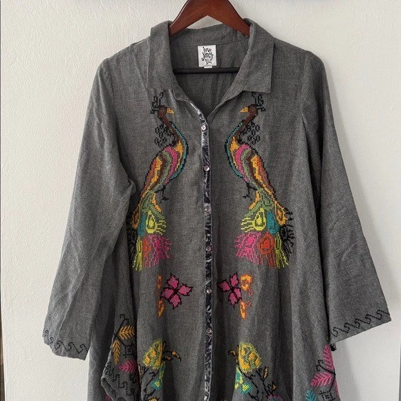 Túnica IVY JANE Bordada Punto de Cruz Botón Frontal Grande Gris Pavo Real Boho Foto 3 de 4