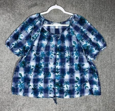 CJ Banks Top Womens Sz 2X Blue Teal Green Floral Plaid Button Up Drawstring Hem