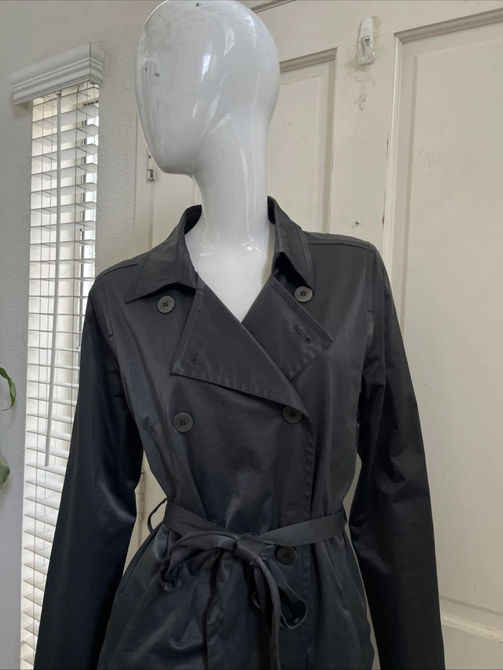 EILEEN FISHER ¡NUEVO! Gabardina metálica con cinturón de carbón doble botonadura forrada M Foto 4 de 4