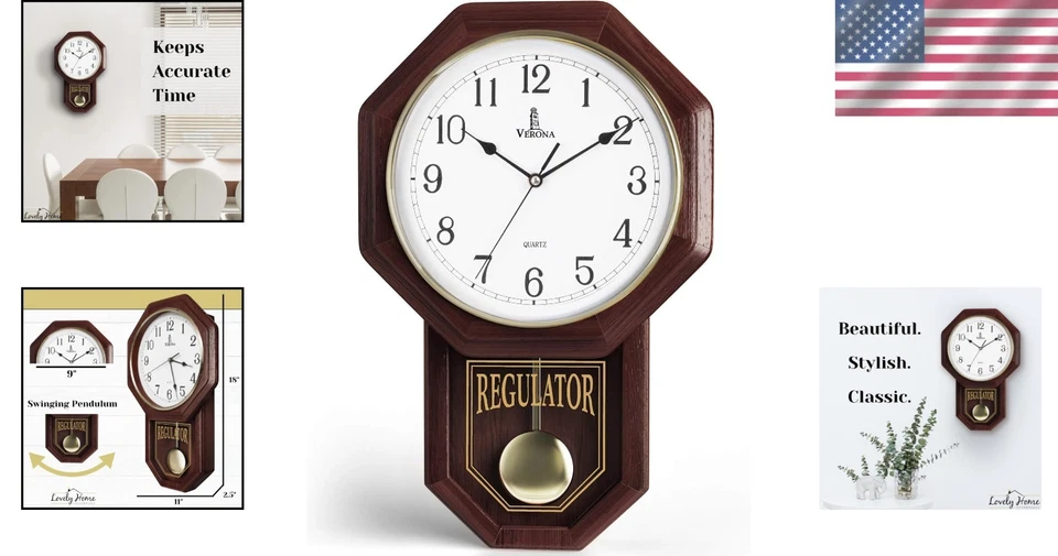 Elegant Vintage Pendulum Wall Clock - Real Wood, Silent Quartz Movement 18x11 - Image 2 of 4