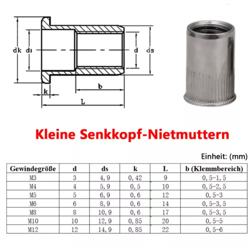 M3-M12 Nietmutter Flach / Senk Blindnietmuttern Einnietmuttern Edelstahl A2 - Bild 6 von 19
