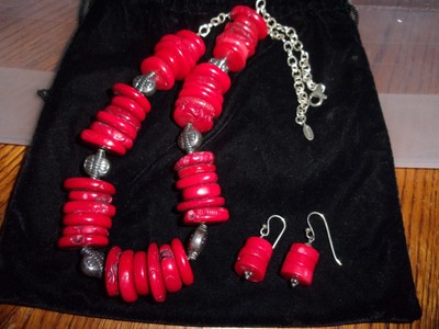 BÄRLICHE ROTE KORALLE & 925 SILBER HALSKETTE UND OHRRING SET SELTEN 18'' LANG