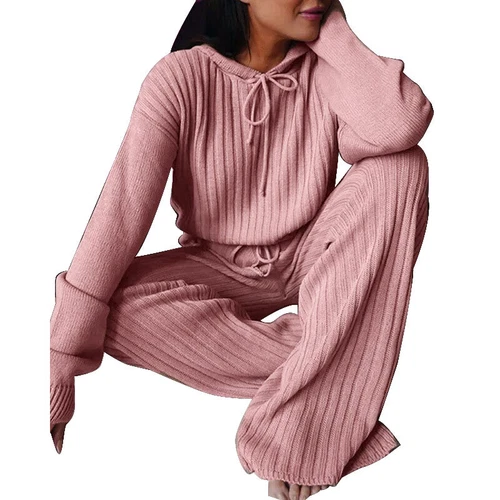 Outfits zweiteiliges Set Freizeitanzug Damenanzug Strickpyjama süß einfarbig mit Kapuze - Bild 4 von 22