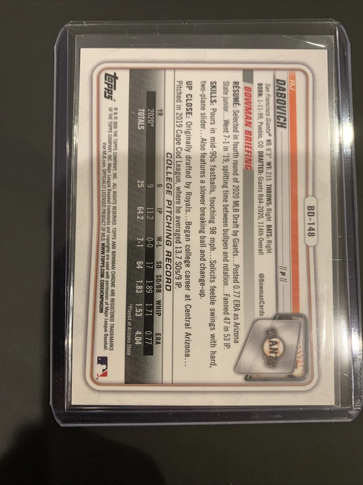 RJ DABOVICH 2020 Bowman Draft Sapphire 1st Bowman Red 2/5 Giants - Image 2 of 2