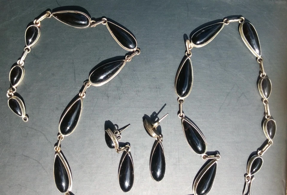 Set collana orecchini pietra onice Zuni Indiani Nativi argento sterling 925 - Immagine 4 di 4