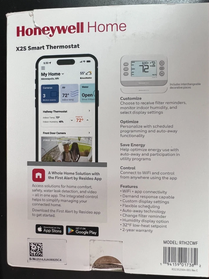Honeywell X2S Smart Thermostat RTH2CWF Conventional/Heat Pump WiFi 7382 - Image 2 of 2