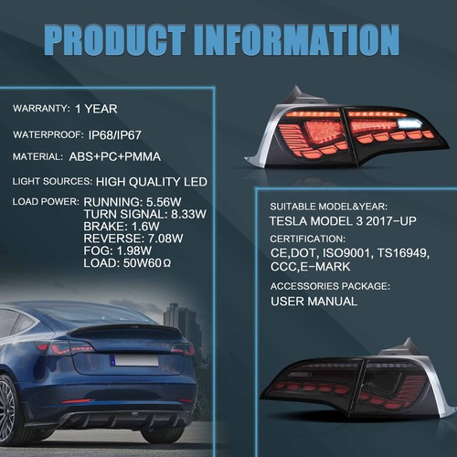 GTS LED Tail Lights For 2017-2023 Tesla Model 3/Y Rear Lamps w/Startup Animation - Picture 5 of 9