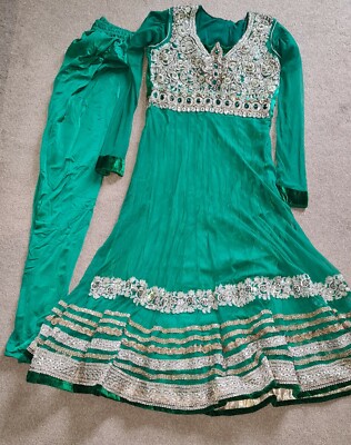 black tie wedding guest dress green GREEN HEAVY EMBROIDERED FLOOR LENGTH ANARKALI DRESS main image 1