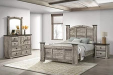 Rustic Gray Poster Bed Set Queen Size 4pc Storage Wooden Bedroom Furniture