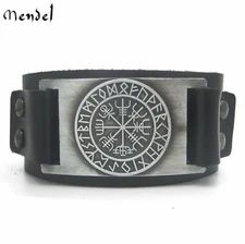 MENDEL Mens Viking Leather Bracelet Vegvisir Pirate Compass Runes Cuff Wristband