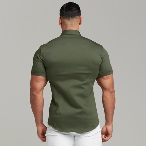 Mens Button Down Short Sleeve Solid Shirts Casual Muscle Slim Fit Tops Tee Shirt - Picture 5 of 19