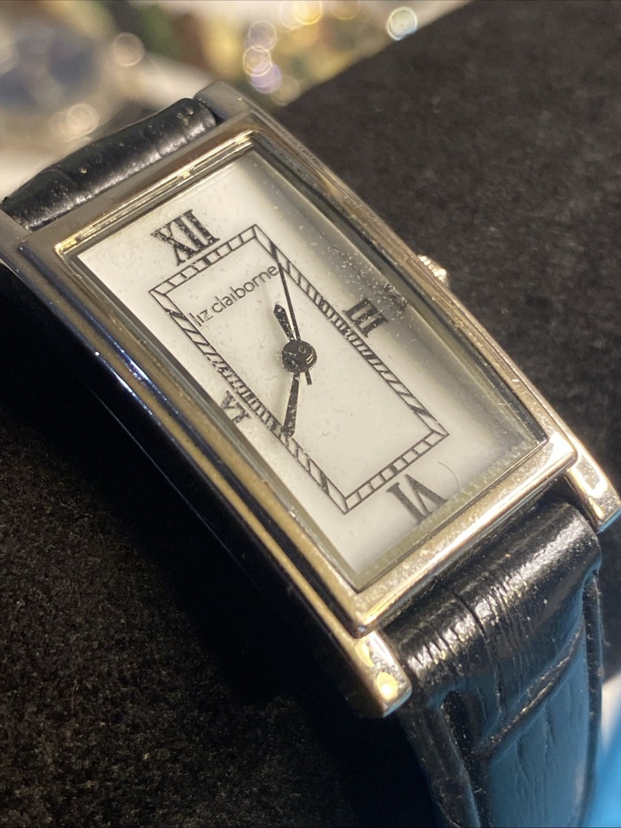 Vintage Liz Claiborne Wristwatch Silver Tone Rectangle Black 