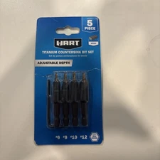 HART 5-Piece Assorted Titanium Countersink Bit Set. Adjustable Depth 