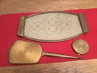 Vintage  Glass & Lace Dressing Table Vanity Tray  Hand Mirror & Stratton compact