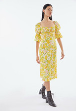 Faithfull The Brand Nora Midi Dress Jolene Floral Print XS Yellow Pink Green NWT