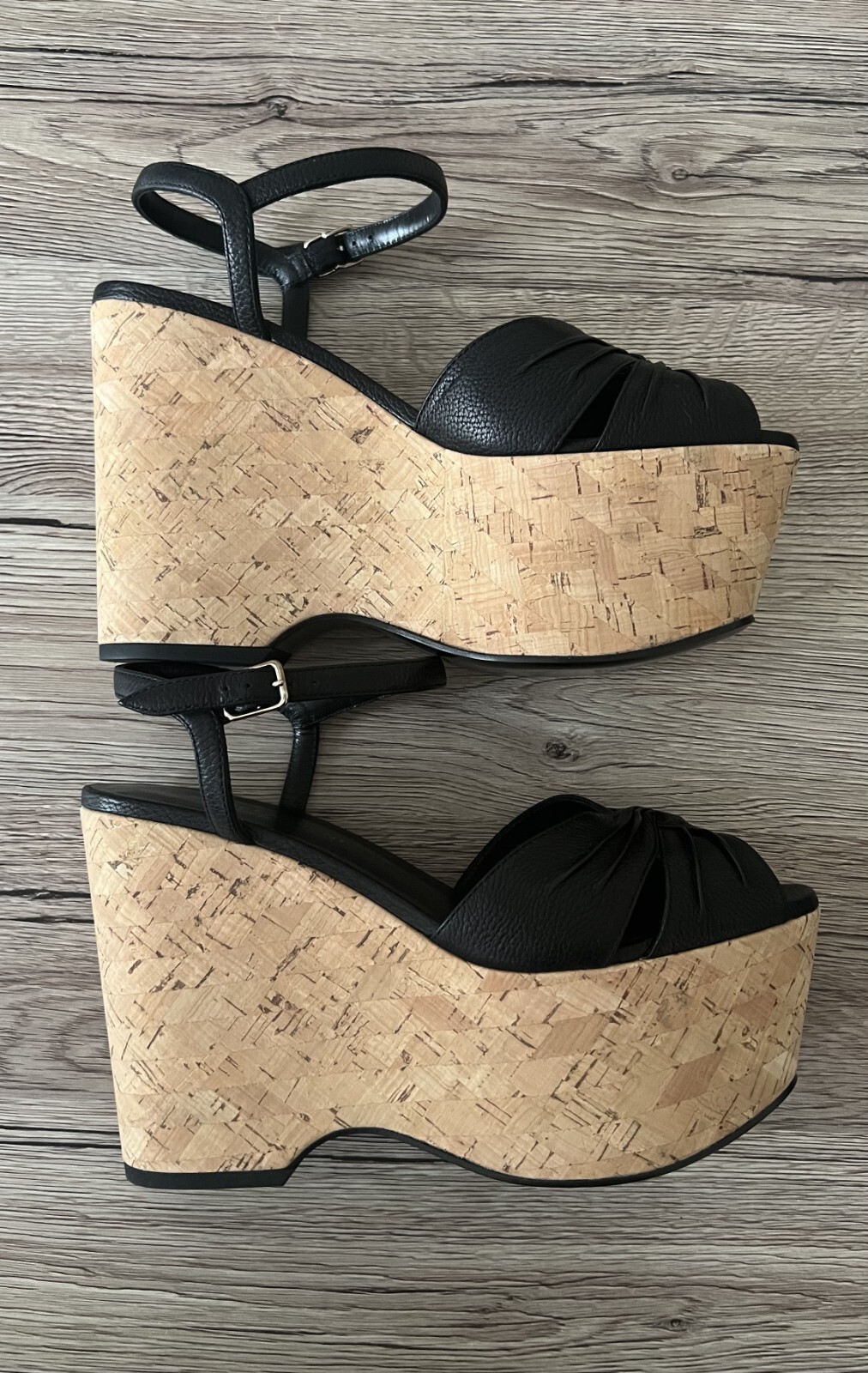 Sandali VINTAGE Saint Laurent in pelle nera zeppa zeppa con plateau