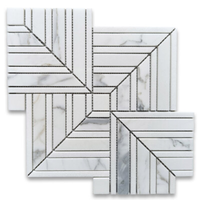 L7L5XP Statuary White Marble Maze Square Chevron Mosaic Tile Polished