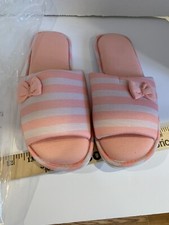 Avon Pink striped and bow open toe slippers sz Small 5/6 New