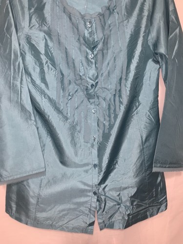 Eileen Fisher Slate Blue Washed Silk Taffeta Scoop Neck Long Shirt Blouse Top S - Picture 3 of 6