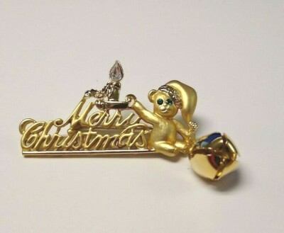Vintage Danecraft Merry Christmas Cat Night Cap Candle Bell Pin Brooch Holiday