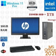 Windows 11 HP i7 3.4 ghz 16GB RAM 250GB SSD+1TB 24" LCD WiFi Desktop Computer PC