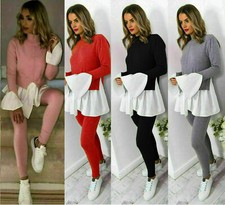 Womens Ladies Contrast Peekaboo Frill Sleeve Fine Knit Lounge Wear Tracksuit Set