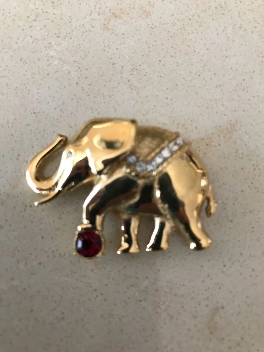 Swarovski Signed Swan Logo Elephant Brooch Pin Red Clear
