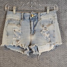 American Eagle Hi-Rise Shortie Light Wash Distressed Denim Shorts Womens 2 996
