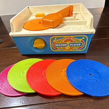 Vintage Fisher-Price Music Box Record Player Toy w/ 5 Colored Plastic Records