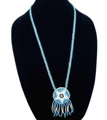 Vintage Native American Seed Bead Star Medallion Necklace W/ Fringe Blue White