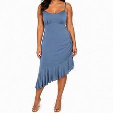 Sexy Blue Bodycon Asymmetric Hem Dress Size 1X Trendy Chic Luxe Silky Feel NEW