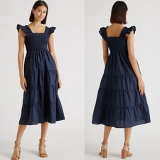 Quince 100% Organic Cotton Poplin Smocked Midi dress Navy Blue Sz S