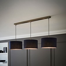 Reni Brushed Chrome 3 Way Drop Bar Ceiling Pendant Light Fabric Drum Shade LED