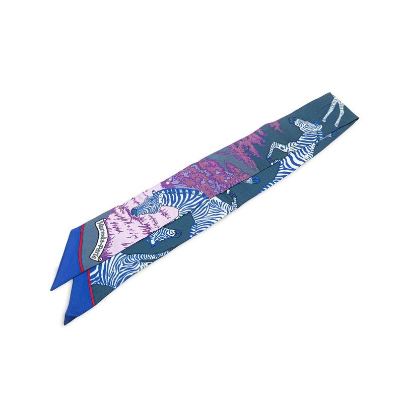 Hermes Twilly Les Zebres Scarf Navy Blue Multicolor Silk Ladies Used