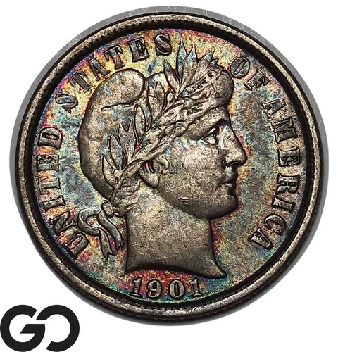 1901 Barber Dime, Nice Color, Choice AU++