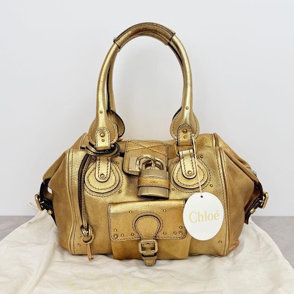 Chloe Paddington Metallic Gold Leather Hand Bag Padlock Key Dust Bag Card