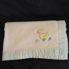 Vintage Duck Duckie Cuddle Time 36"x45" Blanket Baby White Lt Blue Trim Made USA
