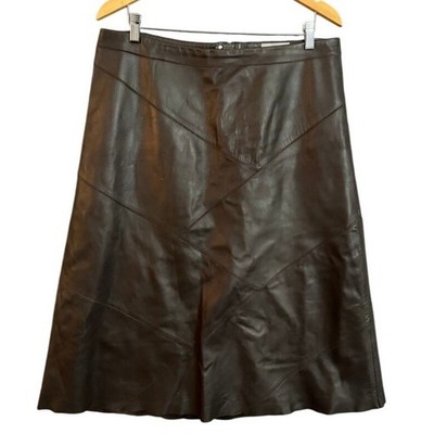 Marks & Spencer Brown Leather Patchwork Midi Skirt UK 16 Chevron A-Line T49